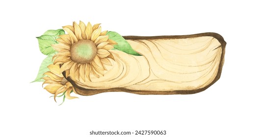 Wooden slice with floral decoration. Watercolor illustration. Perfectly for wedding, birthday invitation, greeting card, logo design. Floral decor.