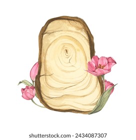 Wooden slice with floral decoration. Watercolor illustration. Perfectly for wedding, birthday invitation, greeting card, logo design. Floral decor.