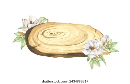 Wooden slice with floral decoration. Watercolor illustration. Perfectly for wedding, birthday invitation, greeting card, logo design. Floral decor.