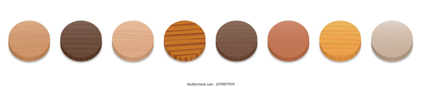 Wooden slices. Collection of wood discs, different colors, glazes, textures from various trees to choose - brown, dark, gray, light, red, yellow, orange decor models - vector on white background.
