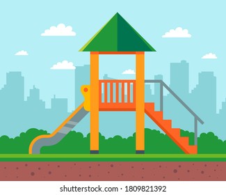 wooden slide for children in the yard of the house. playground in kindergarten. flat vector illustration.