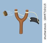 Wooden slingshot with flying stone isolated on a blue background. Homemade slingshot wooden handle with rubber bands. Wooden catapult. Children toy for throwing stones. Vector illustartion
