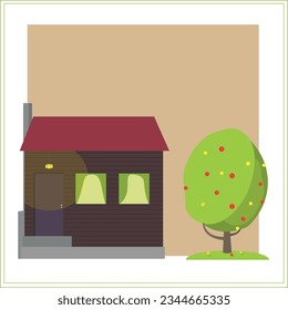 Wooden small house. Autumn apple tree. A small hut in the garden. Flat cartoon vector illustration