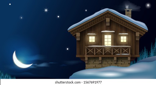 Wooden small house or Chalet in the winter mountains . The traditional Alpine hut . Ski resort hotel. Vector graphics. Night postcard