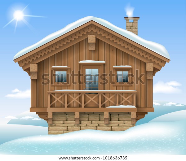 冬山の木造の小さな家やシャレー 伝統的なアルペンの小屋 スキーリゾートホテル ベクター画像 のベクター画像素材 ロイヤリティフリー
