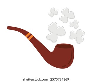 Wooden smoking pipe with smoke clouds in the shape of clover, three-leaf clover. Vector illustration in flat style, attribute for celebrating St. Patrick's Day. Colored icon on white background