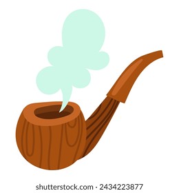 Wooden smoking pipe with smoke. Isolated vector image on a white background. A brown pipe with blue smoke. Wooden drawings on the object. An antique smoking object