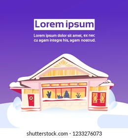wooden snow cowered cottage happy new year merry christmas holidays decorations concept flat copy space vector illustration
