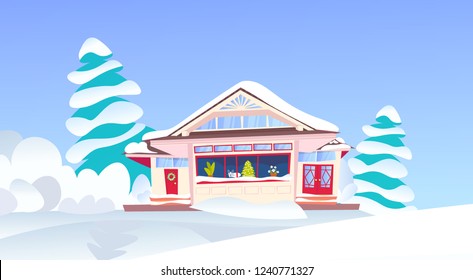 wooden snow cowered cottage happy new year merry christmas holidays decorations concept snowy fir tree flat