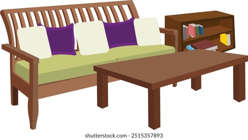 wooden sofa with a coffee or tea table and a book shelf isolated on white background. Sofa set with cusion and pillow flat icon design for cartoon animation