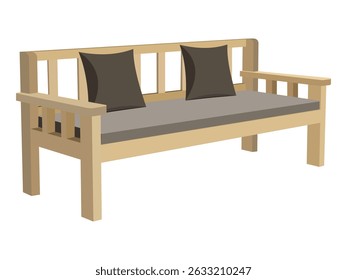 Sofá de madeira com almofadas em fundo branco para design de móveis domésticos
