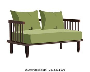 Wooden sofa with green cushions and modern design