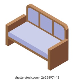 Wooden sofa with pillows standing in room isometric view, element for living room design