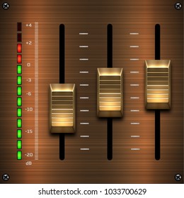 Wooden sound mixer. Slider toggle switch.Hi-End User Interface Elements: Buttons, Switchers, On, Off, Player, Audio, Video: Play, Stop, Next, Pause, Volume, Equalizer, Power, Screen, Track.