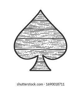 Wooden Spades suit playing card sign sketch engraving vector illustration. T-shirt apparel print design. Scratch board imitation. Black and white hand drawn image.