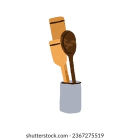 Wooden spatula and spoon in holder. Wood tools, kitchen utensils, kitchenware for cooking and serving. Flat vector illustration isolated on white background