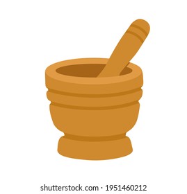 Wooden spice mortar bowl with pestle. Grinder bowl. Kitchen tool. Simple vector hand-drawn illustration, isolated on white background.