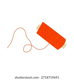 Carrete de madera con hilo de coser rojo. Ilustración vectorial plana dibujada a mano de equipos a medida y herramientas de costura.