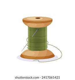 A wooden spool with threads and a needle. Vector graphics, objects, details