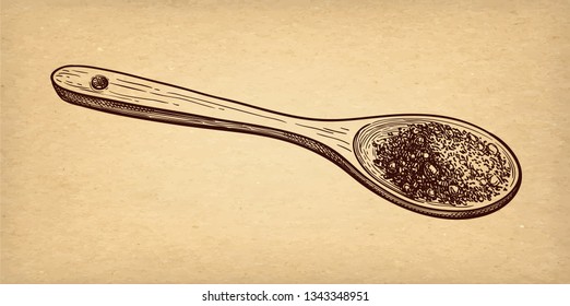 Wooden spoon with cocoa powder. Ink sketch on old paper background. Hand drawn vector illustration. Retro style.