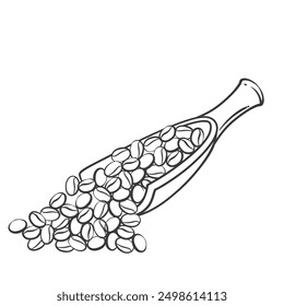 Wooden spoon with coffee beans line icon. Hand drawn retro organic grains pouring out of scoop to roast for morning drink. Breakfast, coffee break mascot, outline seeds icon vector illustration