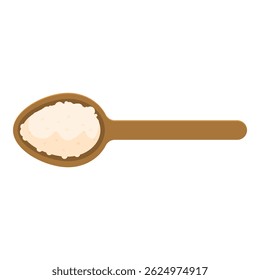 Wooden spoon is containing white rice, ready to be used for a recipe or served