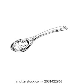 Wooden spoon with crushed piece salt. Vintage vector hatching black hand drawn illustration isolated on white background