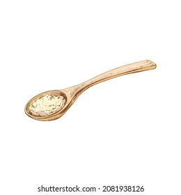 Wooden spoon with crushed piece salt. Vintage vector hatching color hand drawn illustration isolated on white background