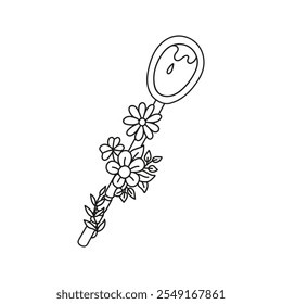 Wooden spoon with dipping honey, dipper wand with flowers arrangements. Floral rustic hand drawn doodle illustration