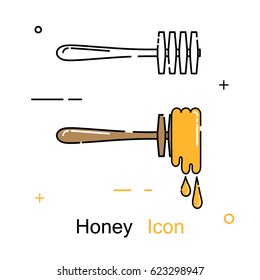 Wooden spoon and drops of honey in a linear style. Line icon. Isolated on white background. Vector illustration.