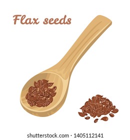 Wooden spoon with flax seeds isolated on white background. Vector illustration of health food product in cartoon flat style.