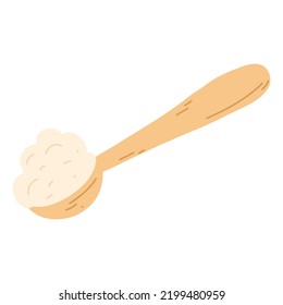 Wooden spoon with flour in hand drawn flat style. Vector illustration of cereals, sugar, powder, coconut flakes