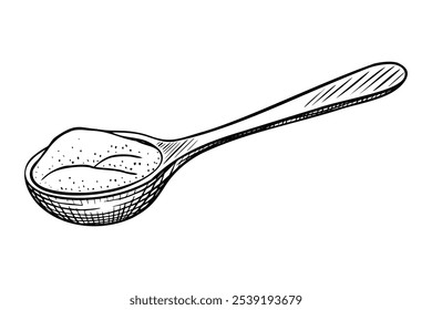 Wooden spoon with Flour. Vector linear Drawing of kitchen utensil with food painted by black inks in etching style for cookery book design or product label. Monochrome illustration for recipe.