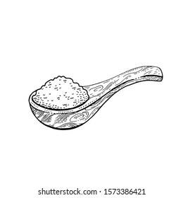 Wooden Spoon With Food - Sketch Flour, Rice, Sea Salt, Spirulina, Spice, Potato, Oat, Sugar, Porridge. Doodle Hand Drawn Vector Illustration, Vintage  Drawing, Isolated White Background