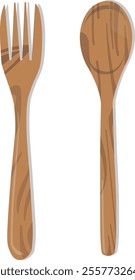 Wooden spoon and fork flat design isolated on white background. Culinary Icon Vector Illustration.