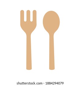 wooden spoon and fork icon on white background vector illustration. Cute cartoon style.