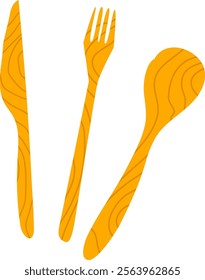 Wooden spoon, fork and knife are composing a cutlery set isolated on a white background, ideal for representing sustainable tableware and eco friendly dining practices