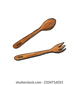 Wooden spoon and fork utensil watercolor doodle cartoon hand drawn.