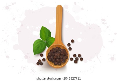 A wooden spoon full of black pepper seeds vector illustration with green leaves