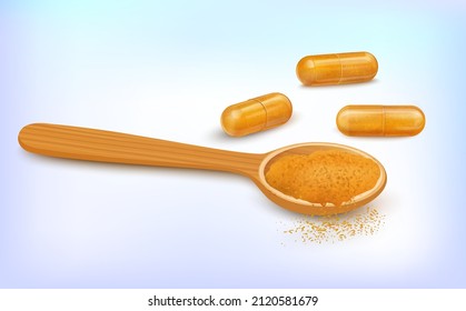 A wooden spoon full of turmeric powder with turmeric capsules vector illustration