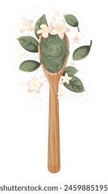 Wooden spoon with green loose tea with jasmine. Tea shop, cafe, bar, party, tea ceremony, food concept. Vector illustration for poster, banner, menu, website