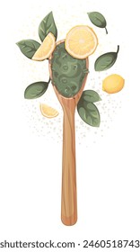 Wooden spoon with green loose tea with orange. Tea shop, cafe, bar, party, tea ceremony, food concept. Vector illustration for poster, banner, menu, website