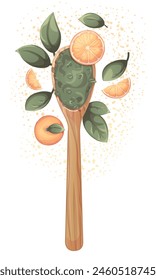 Wooden spoon with green loose tea with orange. Tea shop, cafe, bar, party, tea ceremony, food concept. Vector illustration for poster, banner, menu, website
