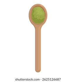 Wooden spoon is holding green powdered tea, ready to be added to a hot beverage