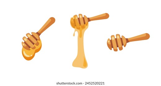 Wooden spoon with honey on a white background. Honey dipper. Set of wooden spoons for liquid sweets in different positions