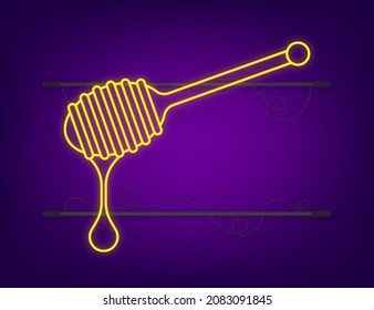 Wooden Spoon for liquid sweetness neon sign. Honey Dipper. Vector stock illustration