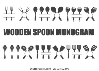 
Vector de monograma de cuchara de madera, silueta de cuchara de madera, vector de cuchara de madera, equipo de restaurante, pinza, cuchara de horquilla y monograma de cuchara, vector, ilustración