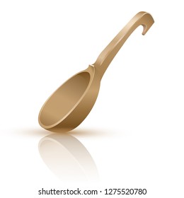 A wooden spoon on a white background is reflected and casts a shadow