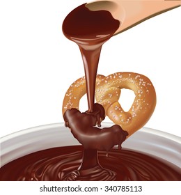 wooden spoon pouring melted chocolate
over a salty pretzel as extra chocolate pours from the pretzel to the bowl