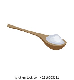 Wooden spoon with sugar. Spoonful of white granulated sugar. Vector illustration isolated in white background. Sweet food, sucrose concept.